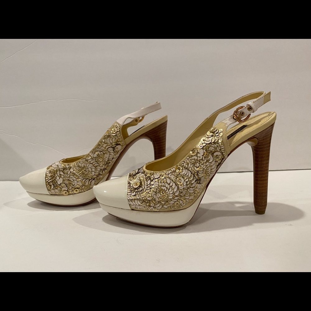 Louis Vuitton patent leather sequin heels pumps slingback white gold 37